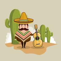 hombre mexicano personaje con iconos de cultura vector
