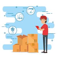 delivery worker with set icons vector