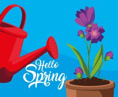 hello spring card with purple flowers and sprinkler plastic pot vector