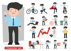 Businessman cartoon character design with different poses set vector