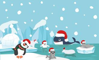 North pole animal background with santa hat vector