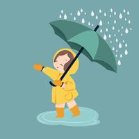 cute girl umbrella in rainy season vector