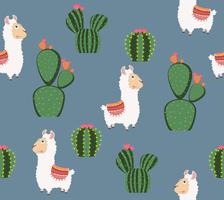 Linda alpaca divertida con patrón de cactus vector