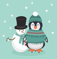 Pingüino en ropa de invierno con muñeco de nieve vector