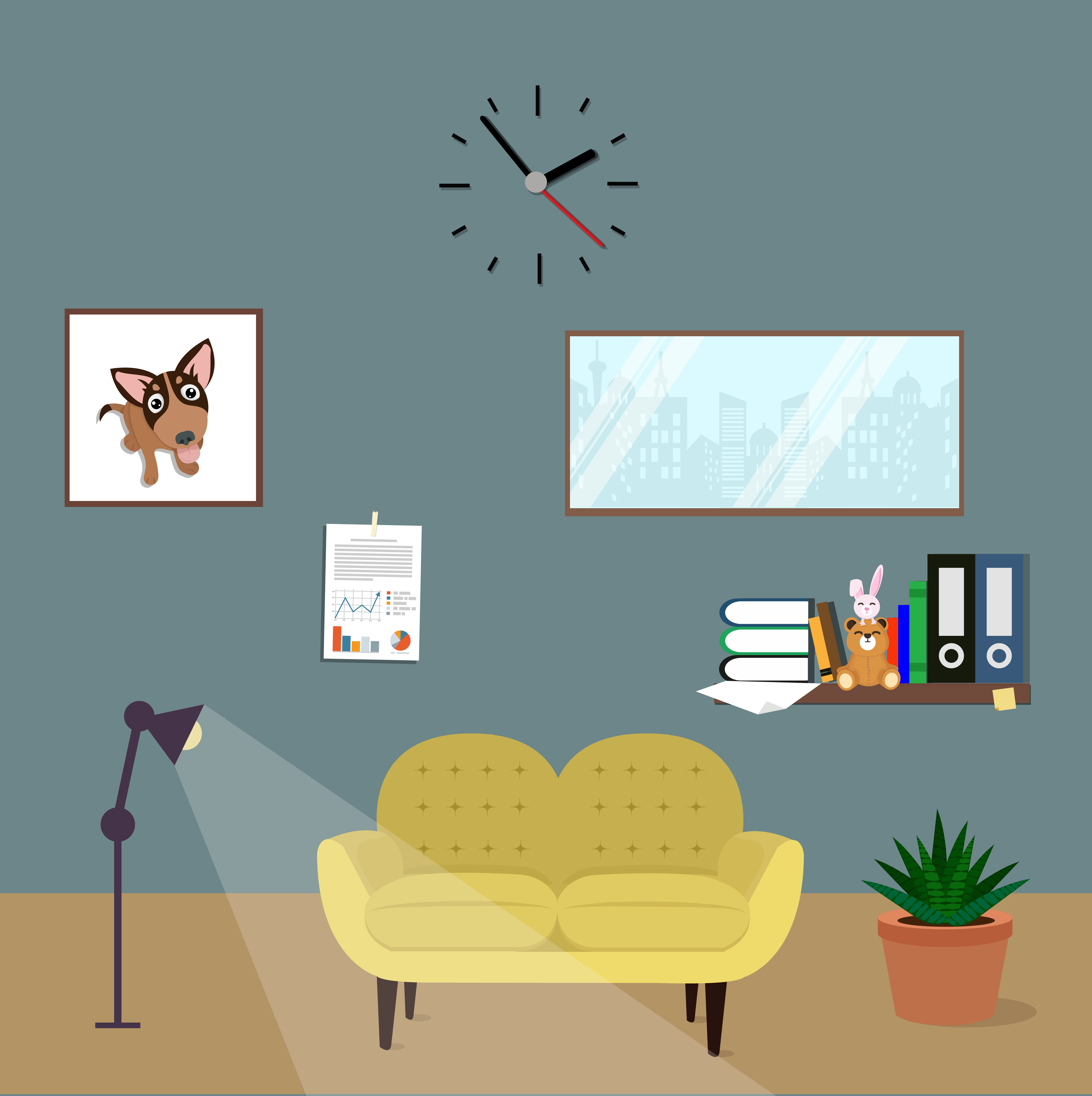 Office Room Interior With Yellow Sofa In Flat Design Download Free Vectors Clipart Graphics Vector Art