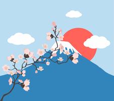pink floral branch and Mount Fuji vector