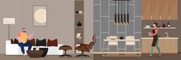 Couple Romance Modern interior of the living room. vector