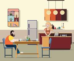 La esposa prepara comida para su marido. Diseño plano. vector