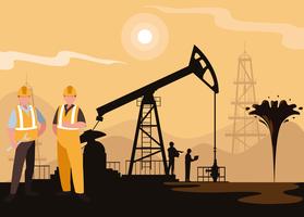 escena de la industria petrolera con torre de perforación y trabajadores vector