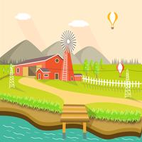 Red Farm House with Meadow and River vector