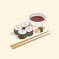 Variedades de sushi con salsa de soja y palillos vector