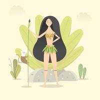 Hermosa niña de la selva tribal con su mono mascota vector