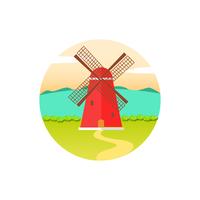 Molino de viento retro rojo en un paisaje verde. vector