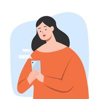 Happy woman texting message on smartphone, vector character illustration.