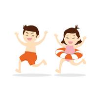 Happy cute boy and girl running to the beach vector