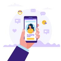 Dating service app, hand holding smartphones with woman photo. Virtual relationship, acquaintance in social network. Vector illustration in flat style