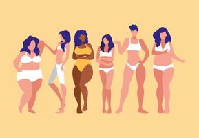 mujeres de diferentes tamaños y razas modelando ropa interior vector