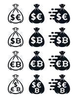 Iconos de bolsa de dinero con varios símbolos de moneda vector