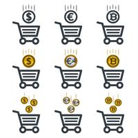 Iconos de carrito de compras con monedas vector