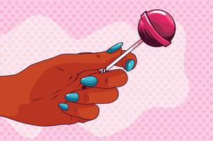 hand holding sweet lollipop pop art style vector