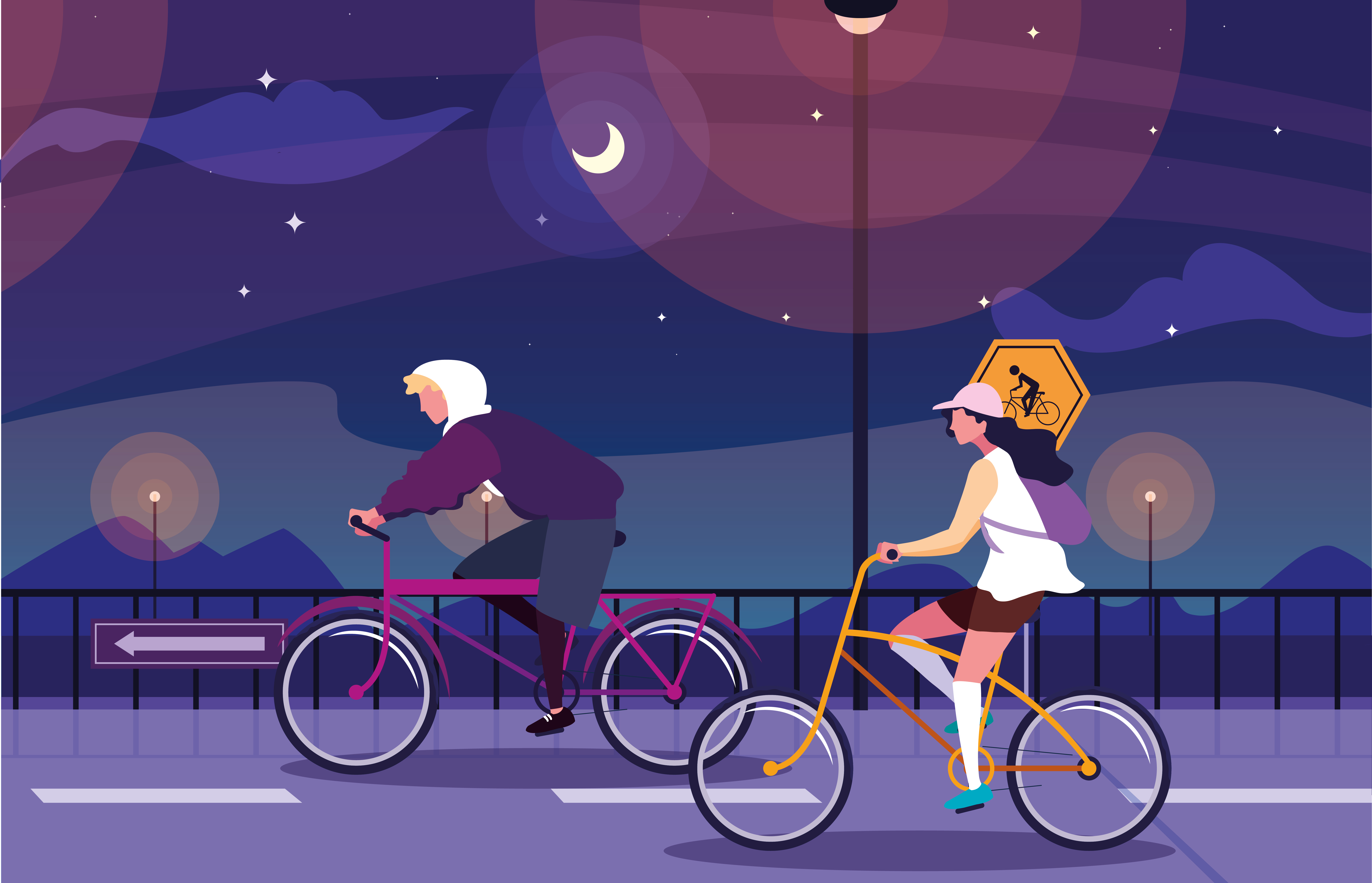 Couple Riding Bike In Night Landscape Download Free Vectors
