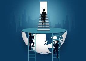Businessmen walk up the stair to the door. step up the ladder to success goal in life and progress in the job. of the highest organization. business finance concept. icon. world vector illustration