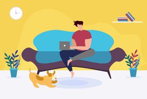 Man with Laptop Sitting on Sofa at Home Cartoon vector