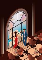 Beautiful Woman and Man in Restaurant near Window vector