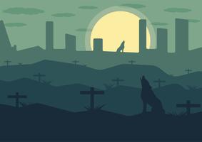 Wolf on the mountain with a grave at night vector