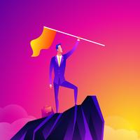 Business leader vector concept with businessman planting flag on top of mountain. Symbol of success, achievement victory, top career and leadership. Eps10 vector illustration. Top manager talent.
