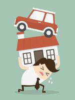 Man in debt holding up house and car