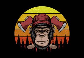 monkey lumberjack in front of retro sunset vector