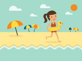 Woman running on the beach with floatie vector