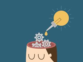Man with gears in head and light bulb idea dropper vector