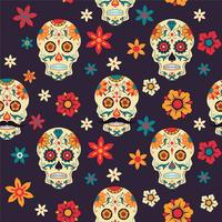 Dia de los Muertos. Patrón transparente de vector con calaveras de azúcar y flores sobre fondo oscuro