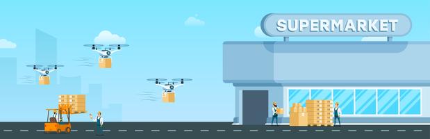 Flying Drone Air Fast Delivery to Supermarket vector