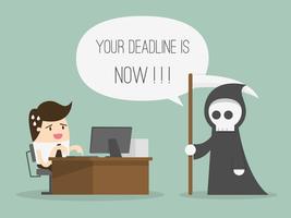 Man working at desk with grim reaper saying the deadline is now vector