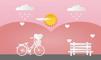 Heart shape balloons and bicycle with bench on soft pink background vector