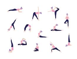 conjunto de mujeres haciendo posturas de yoga vector