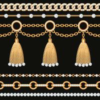 Set of golden metallic chain borders with gemstones and tassels vector