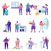 Set of Flat Householders Characters Cleaning Home Characters vector