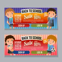 Banner horizontal de venta de regreso a la escuela con niños de la escuela vector