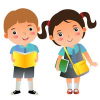 Niños y niñas escolares con libros y bolsa vector
