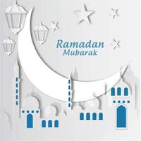 Papel de Ramadán Mubarak cortado con luna y mezquita vector