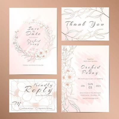 Wedding invitation template set of outlined anemone flower