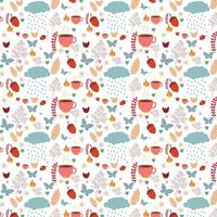 autumn seamless pattern with mugs, rain clouds and other items vector