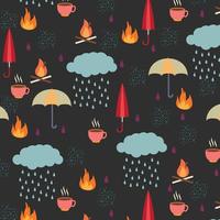 autumn pattern with rain clouds, umbrellas and other items vector