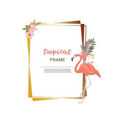 tropical summer frame with flowers and pink flamingo