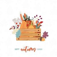 Harvest card with crate of autumn items vector