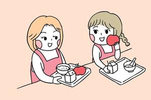 Back to school girls in canteen eating breakfast vector